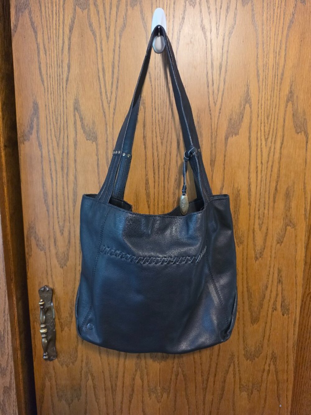 Born Black Genuine Leather Whipstitch Hobo Shoulder Bag Tote